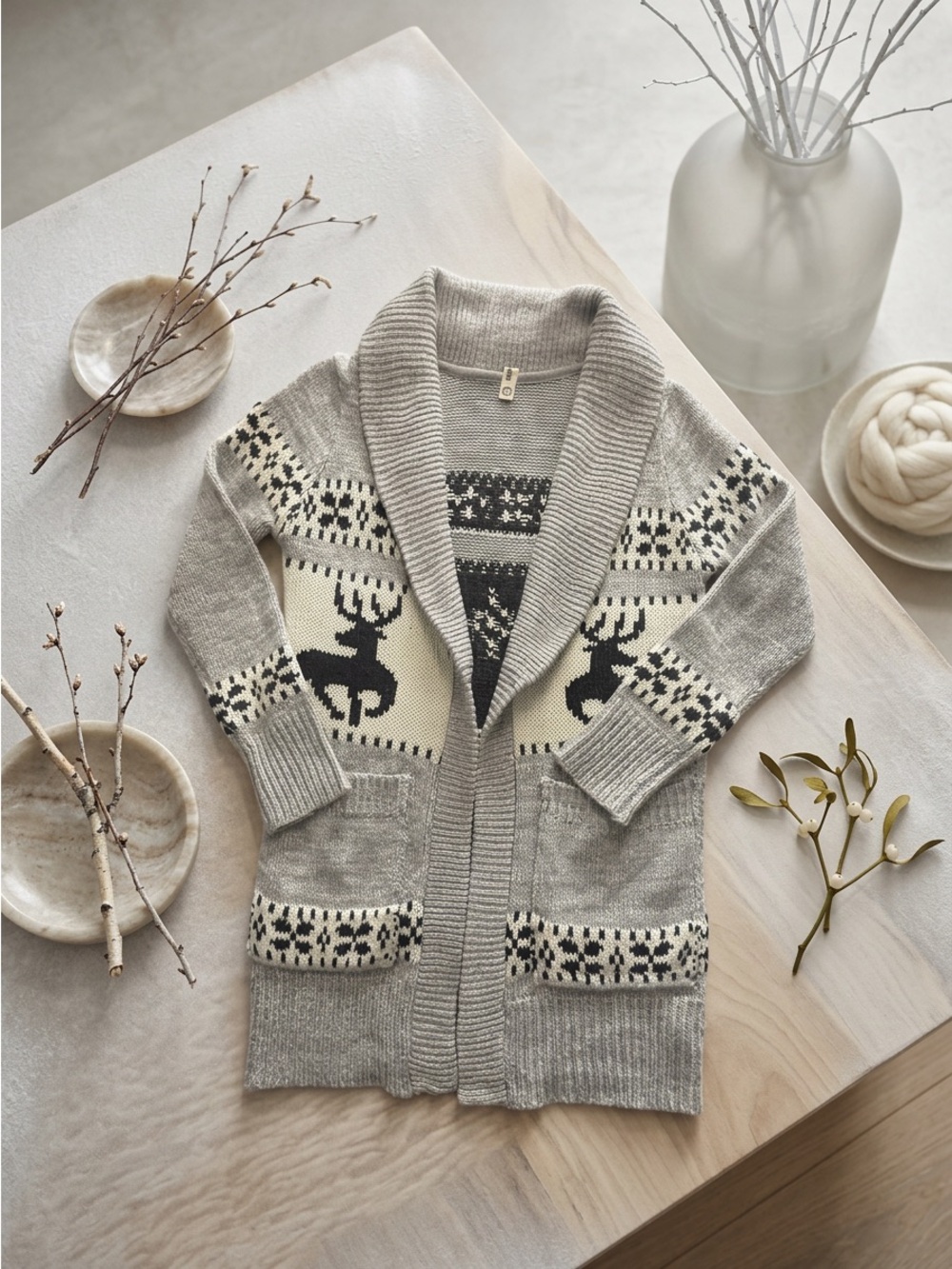 Bluenotes Gray Knit Deer Cowichan Shawl Cardigan Sweater Women's Size S GUC